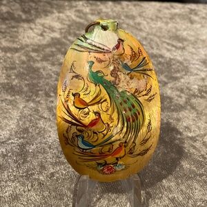Vintage Yellow and Green Peacock Oval Shell Pendant